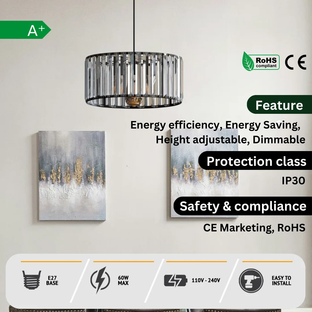 Modern crystal glass drum shade chandelier with metal base and PVC cable hanging from ceiling.