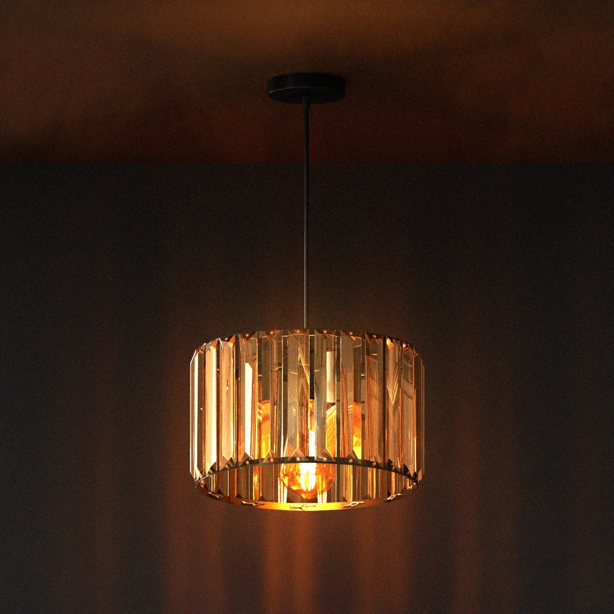 E27 ceiling light with crystal glass drum shade, metal holder, hanging from ceiling.
