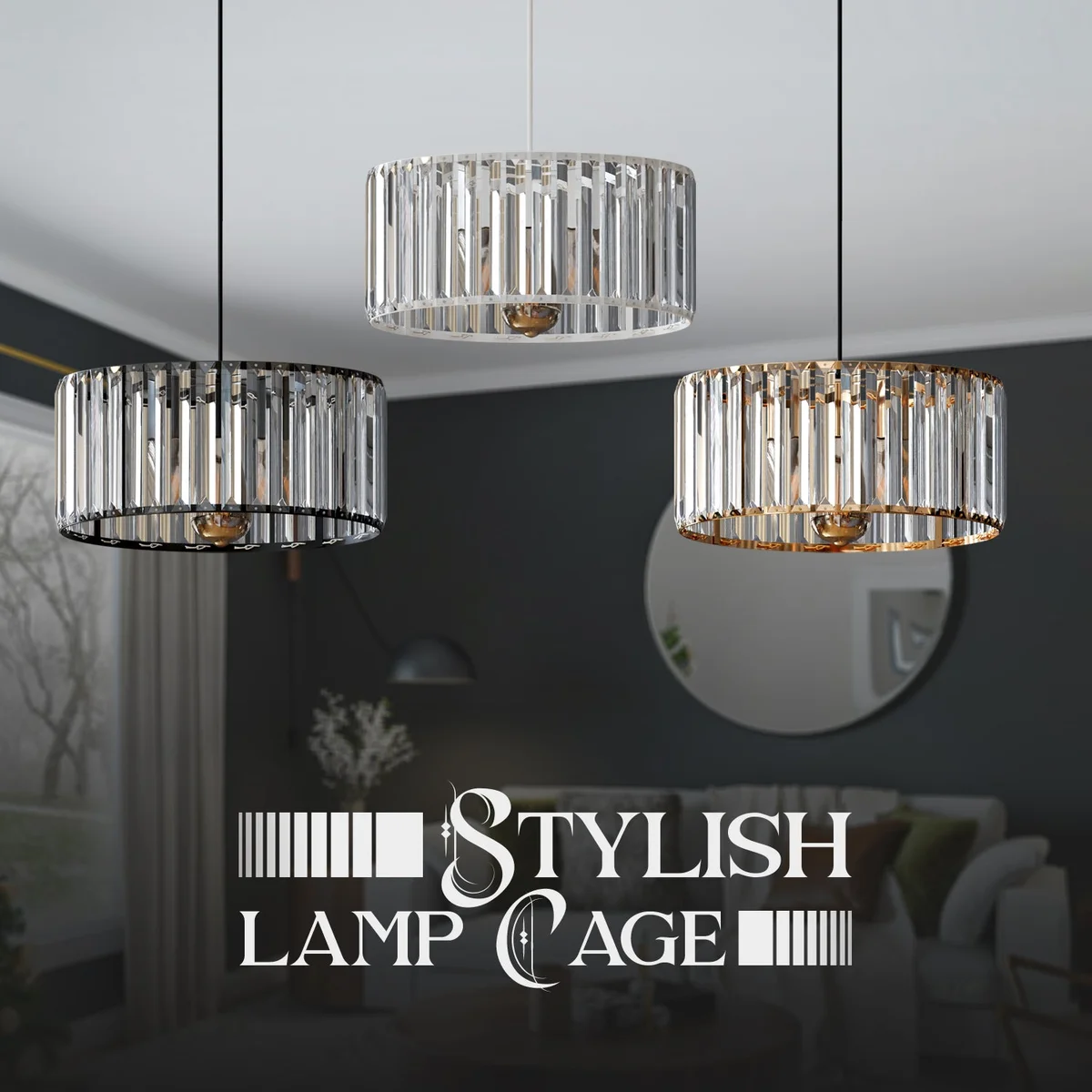 Modern crystal glass chandelier pendant light with drum shade and metal holder, dimmable ceiling pendant.