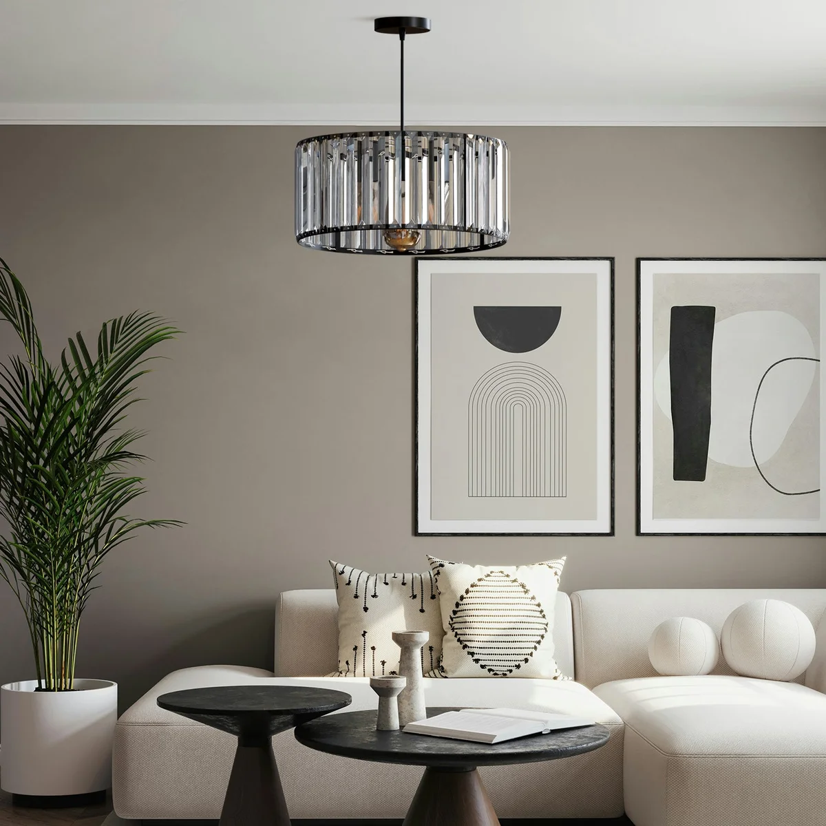 Modern metal crystal light with drum-shaped crystal shade, metal holder, PVC cable, E27 base, ceiling mounted.