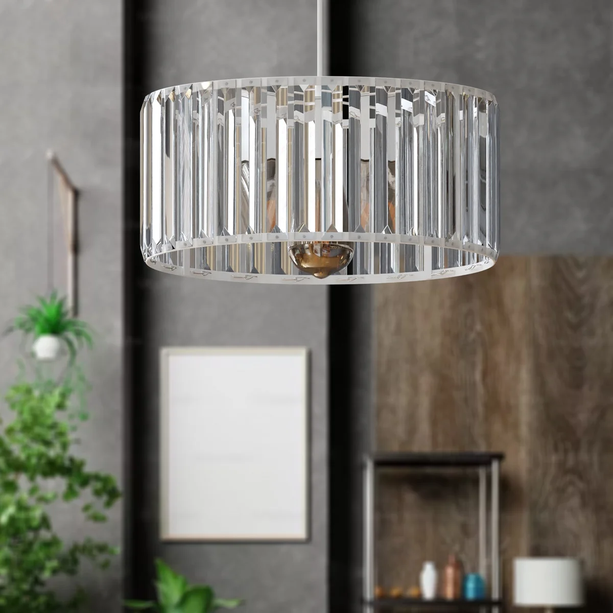 Crystal pendant light with drum-shaped crystal shade, metal holder, PVC cable, E27 socket, stylish modern design