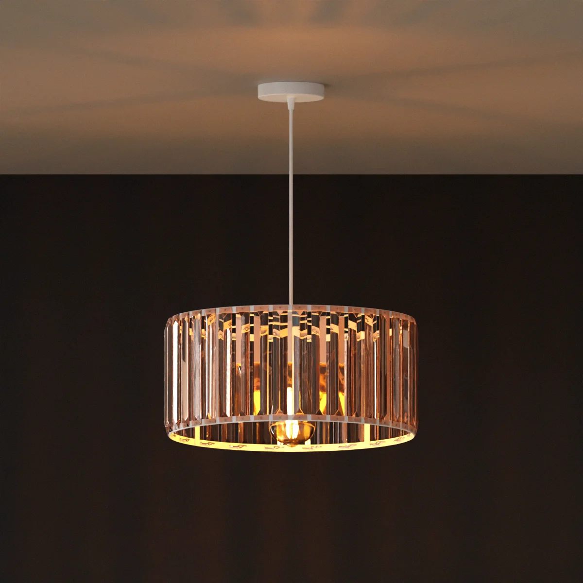 Modern crystal pendant light with drum-shaped crystal shade hanging from a metal holder.