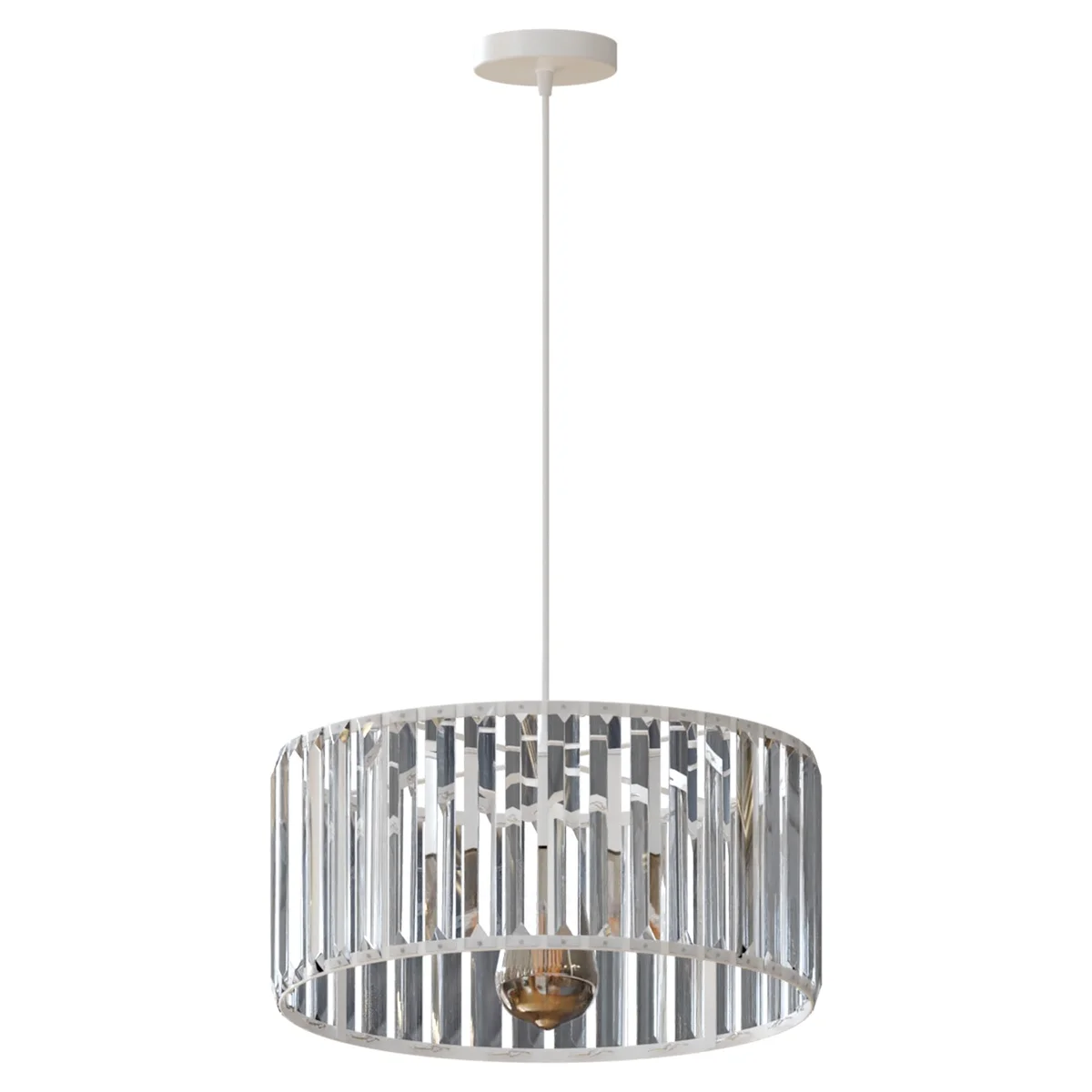 Modern crystal pendant light with drum‑shaped glass shield and metal base, suitable for ceiling installation.