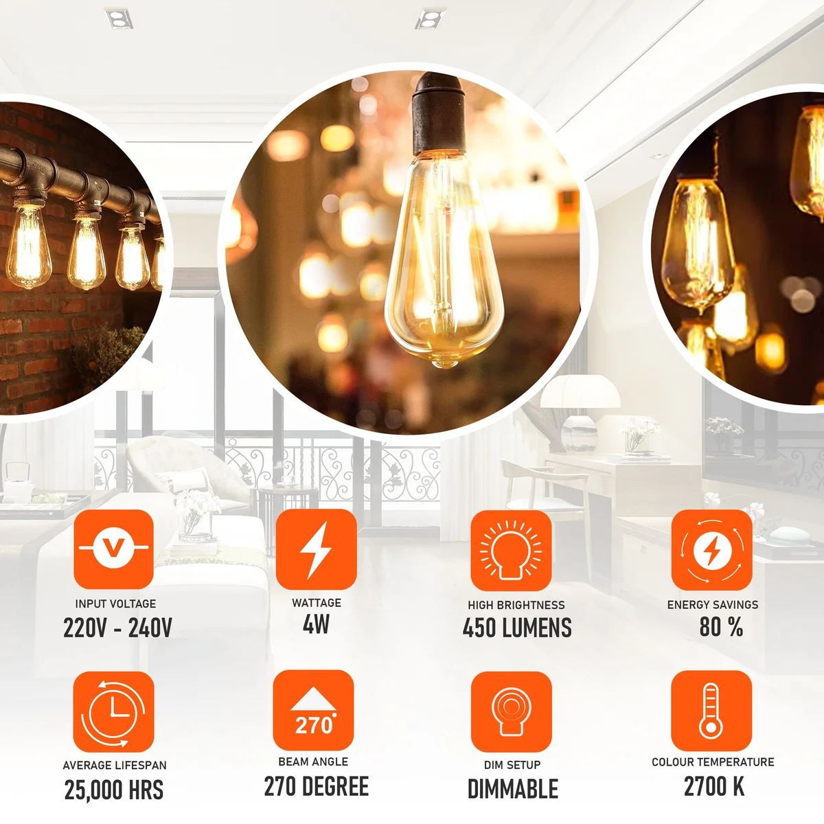 Vintage dimmable E27 base LED bulb with quad loop filament and warm white glow against a plain background