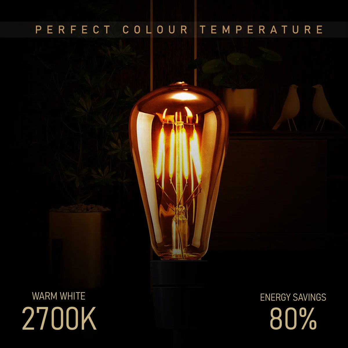Vintage style dimmable LED filament bulb with E27 base, warm white light, and clear glass showcasing quad loop filament design