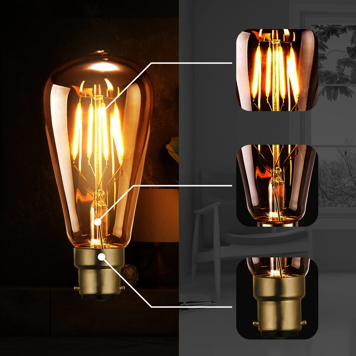 Vintage-style dimmable LED filament bulb with quad loop tungsten filament and E27 base on white background