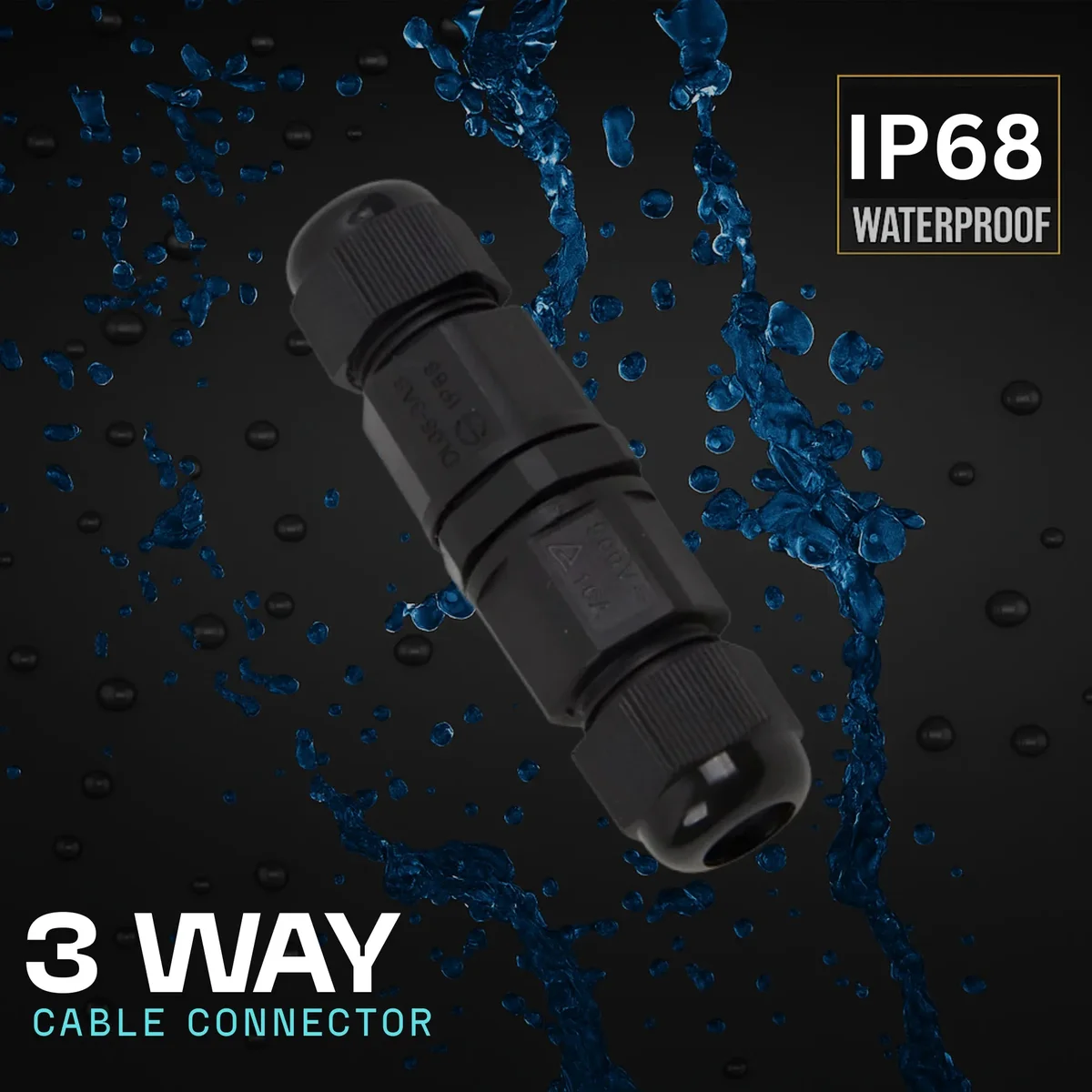 Black IP68 waterproof junction box with three cable entry points and secure locking mechanism for outdoor use