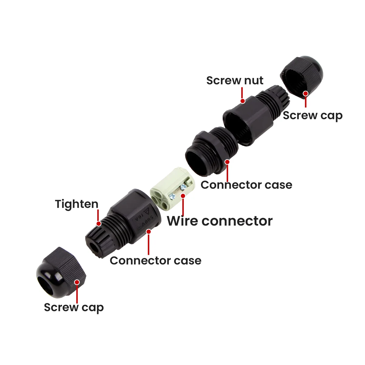 Black IP68 waterproof 3-way outdoor cable connector junction box with nylon shell and silicone sealing ring shown open