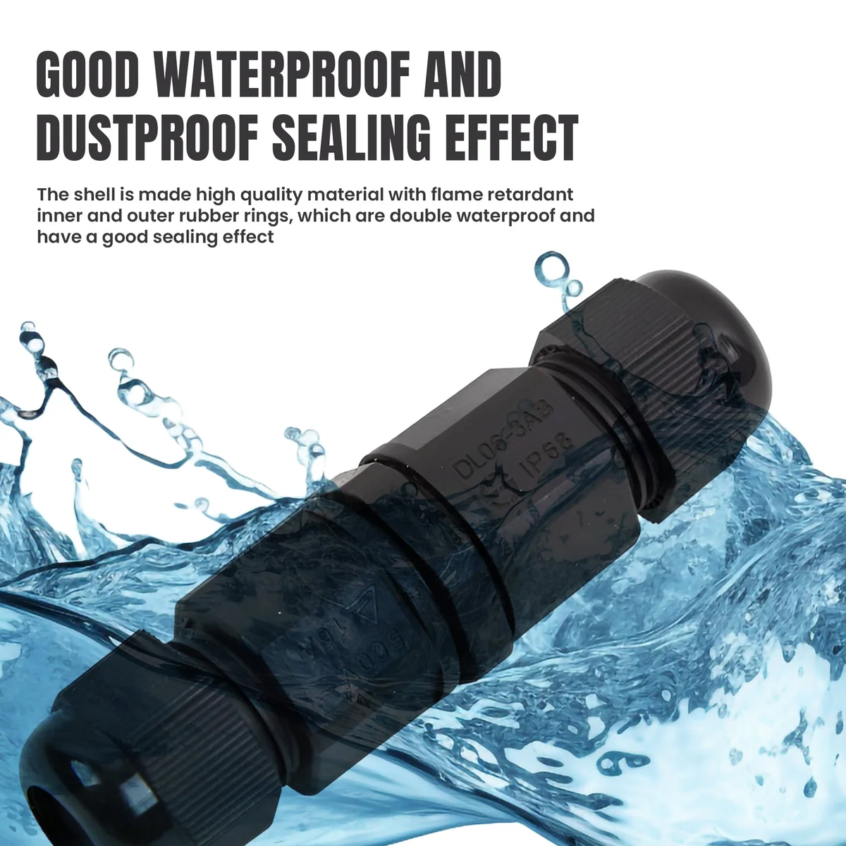 Black IP68 waterproof electrical connector junction box with 3-pin nylon shell and silicone sealing ring, shown open with wiring ports visible