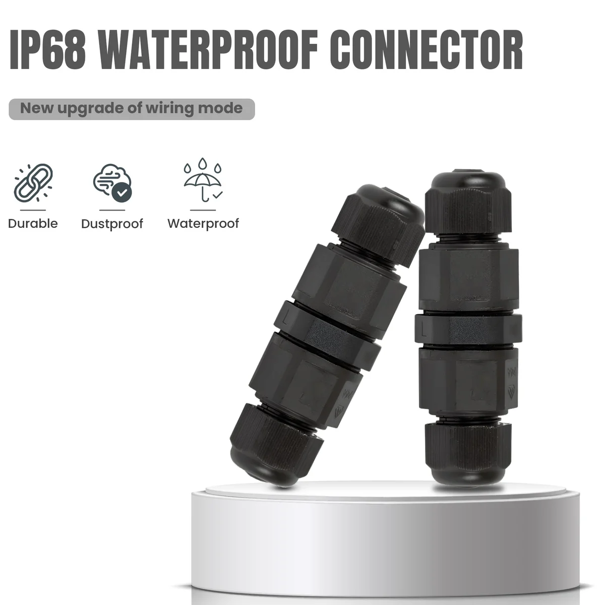 Black IP68 waterproof junction box with three cable entry points and secure locking mechanism for outdoor use