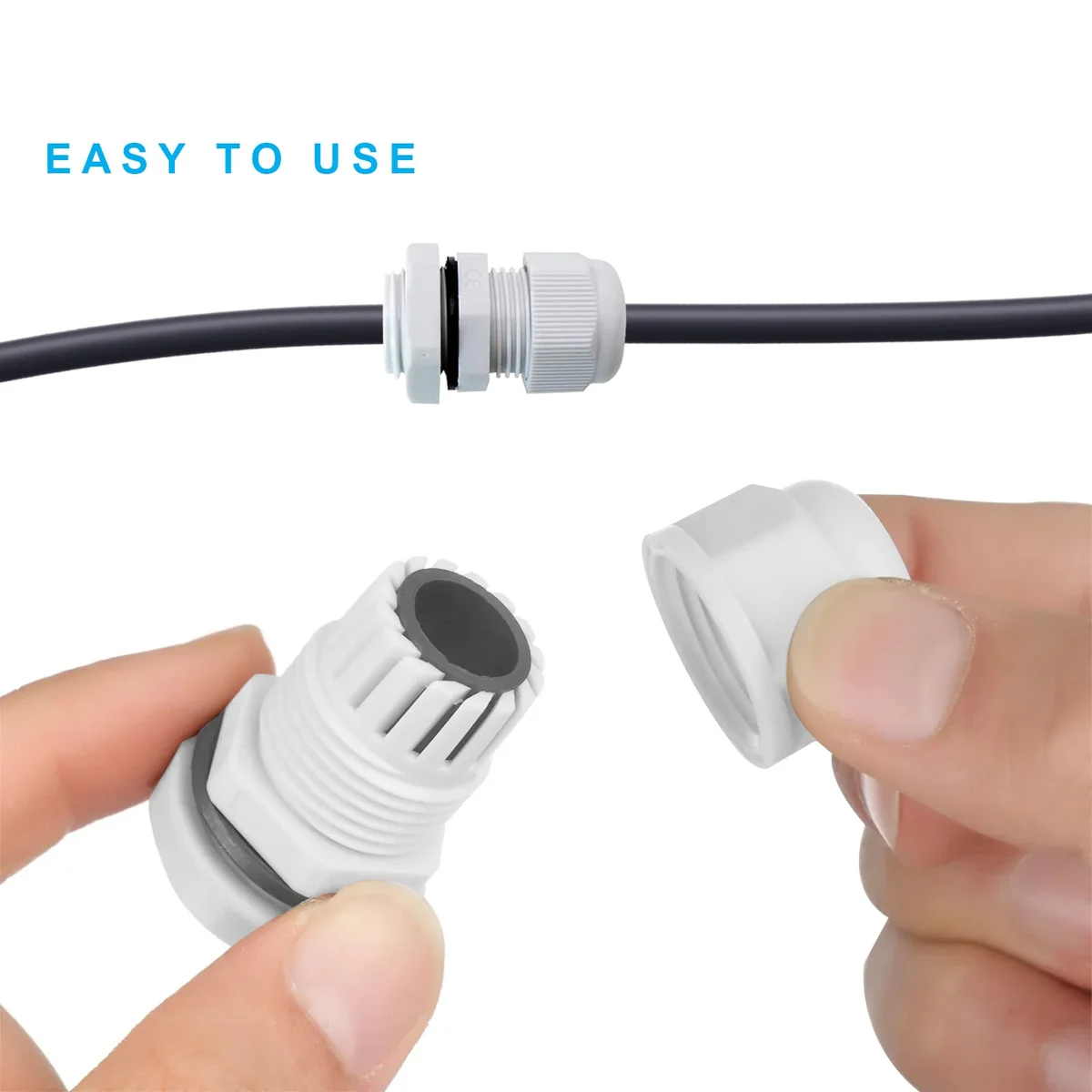 Black and white IP68 cable connector made of nylon plastic with rubber gasket for waterproof sealing, shown close-up