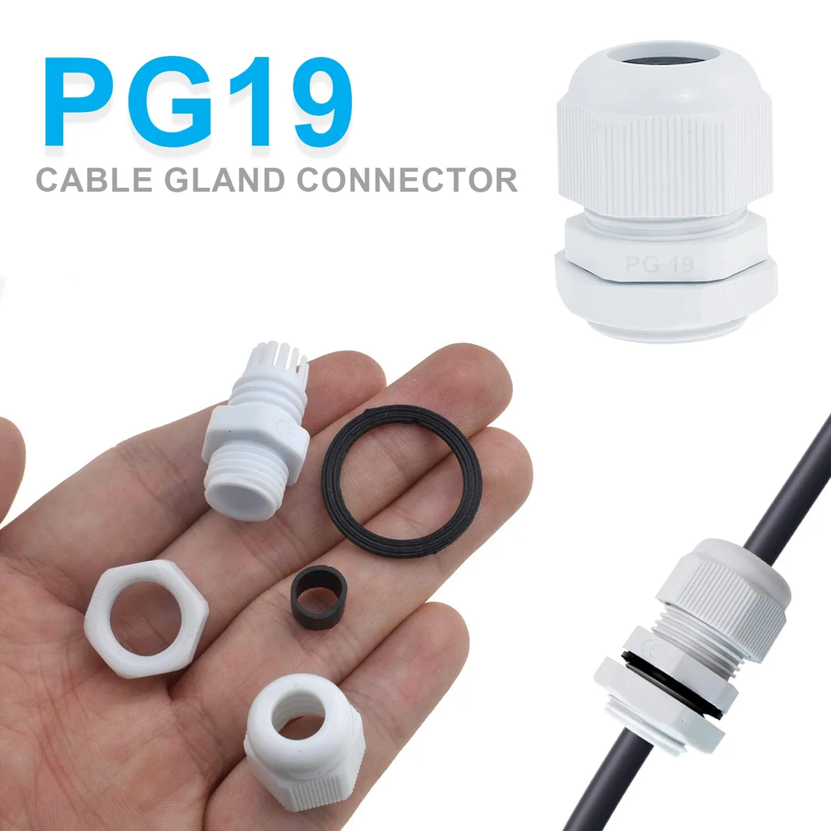 White and black IP68 waterproof wire cable connector made of durable nylon plastic with rubber gasket shown close-up