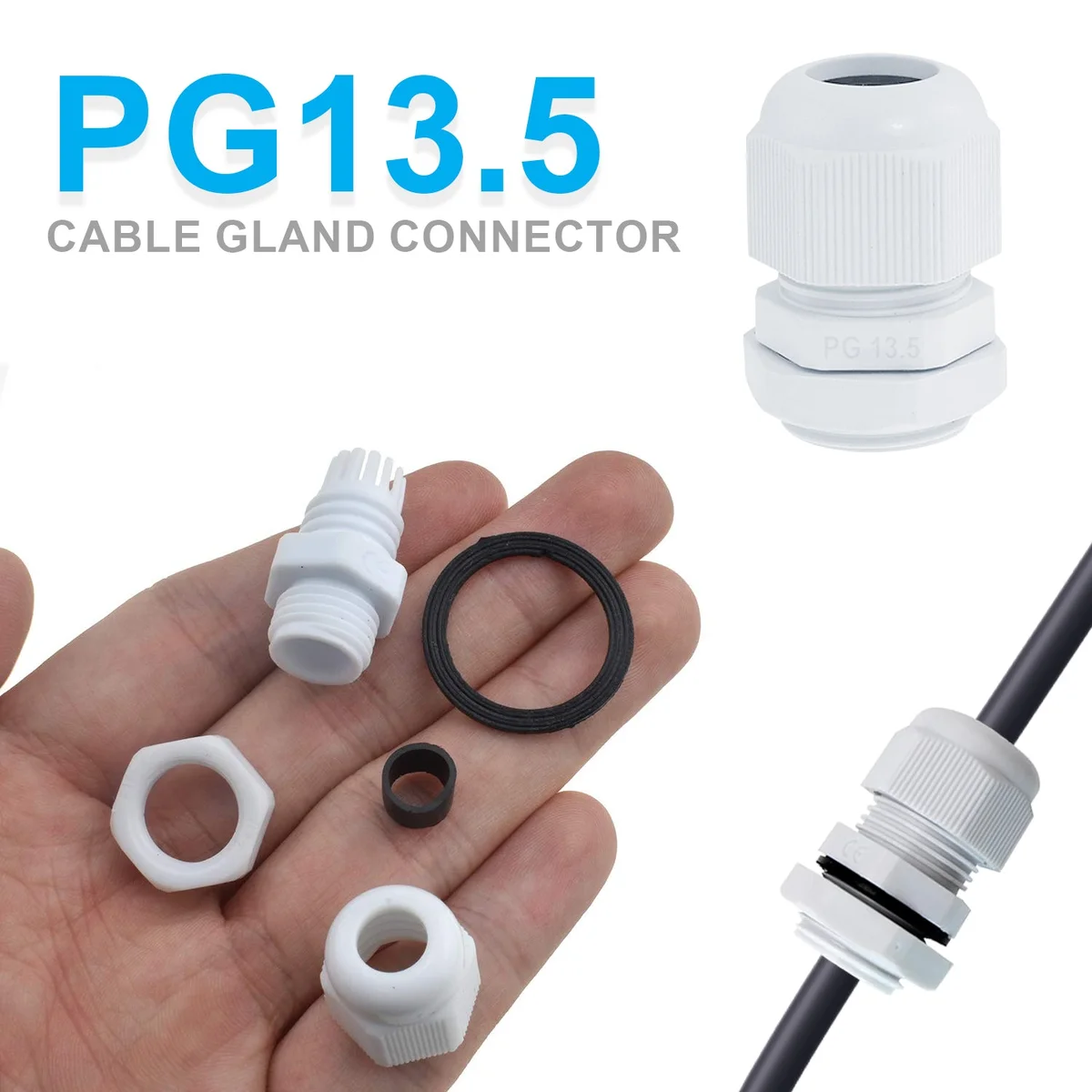 White and black IP68 waterproof outdoor cable connector made of durable nylon plastic with rubber gasket