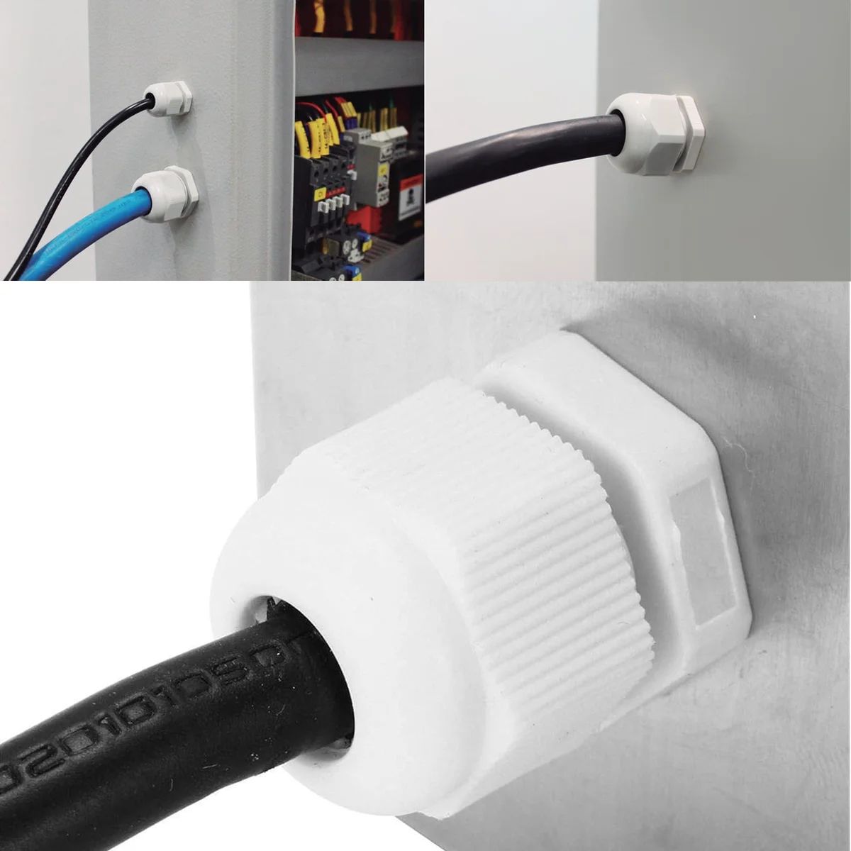 White and black dustproof cable connector made of nylon plastic, waterproof IP68 with nitrile rubber gasket, modern style