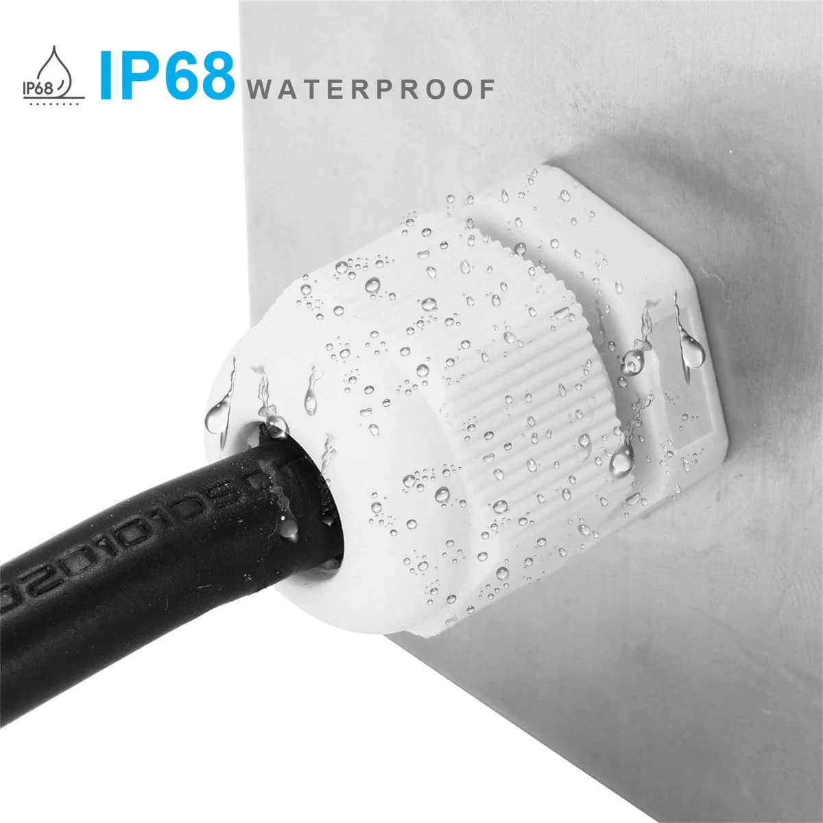 White and black waterproof cable connector made of nylon plastic with IP68 rating for outdoor LED lighting applications
