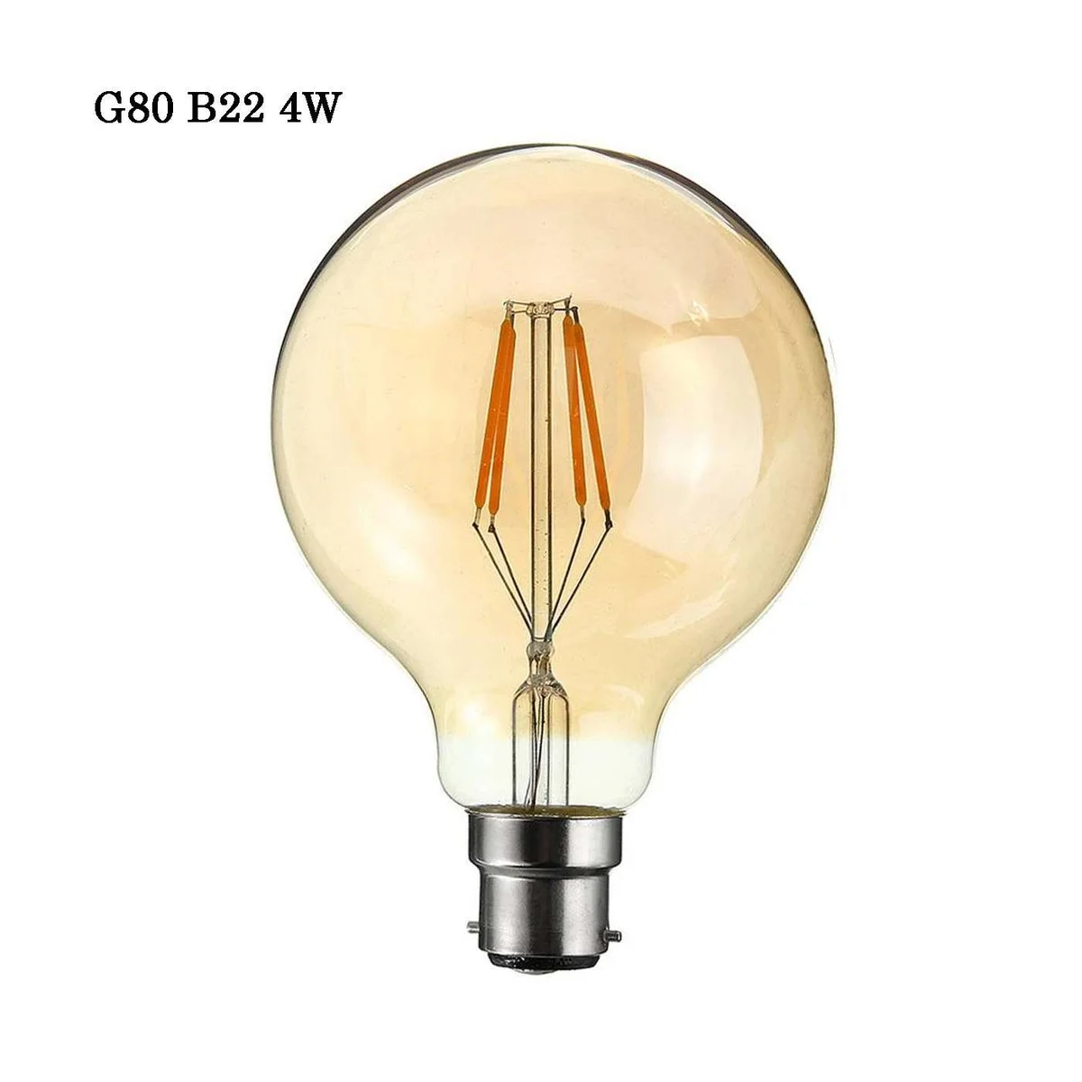 Amber glass vintage LED bulb with B22 base, antique filament design, glowing softly against a white background