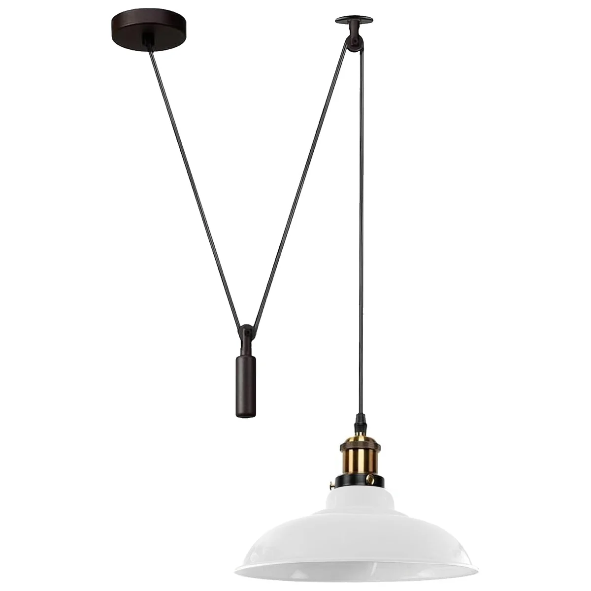 Black metal pendant light with adjustable 195cm cable and pulley system, featuring a single bulb and industrial design