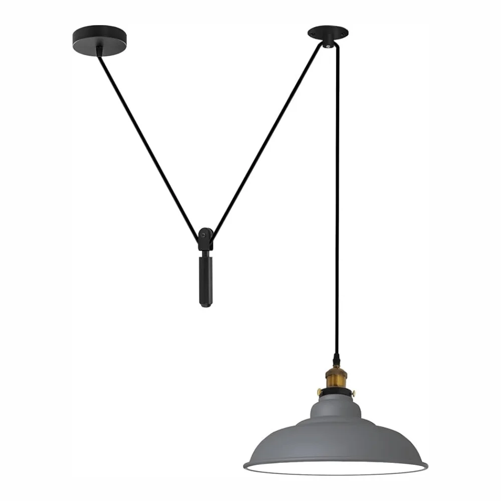 Black industrial ceiling pendant light with one bulb, adjustable 195cm cable, and metal spider design hanging from ceiling