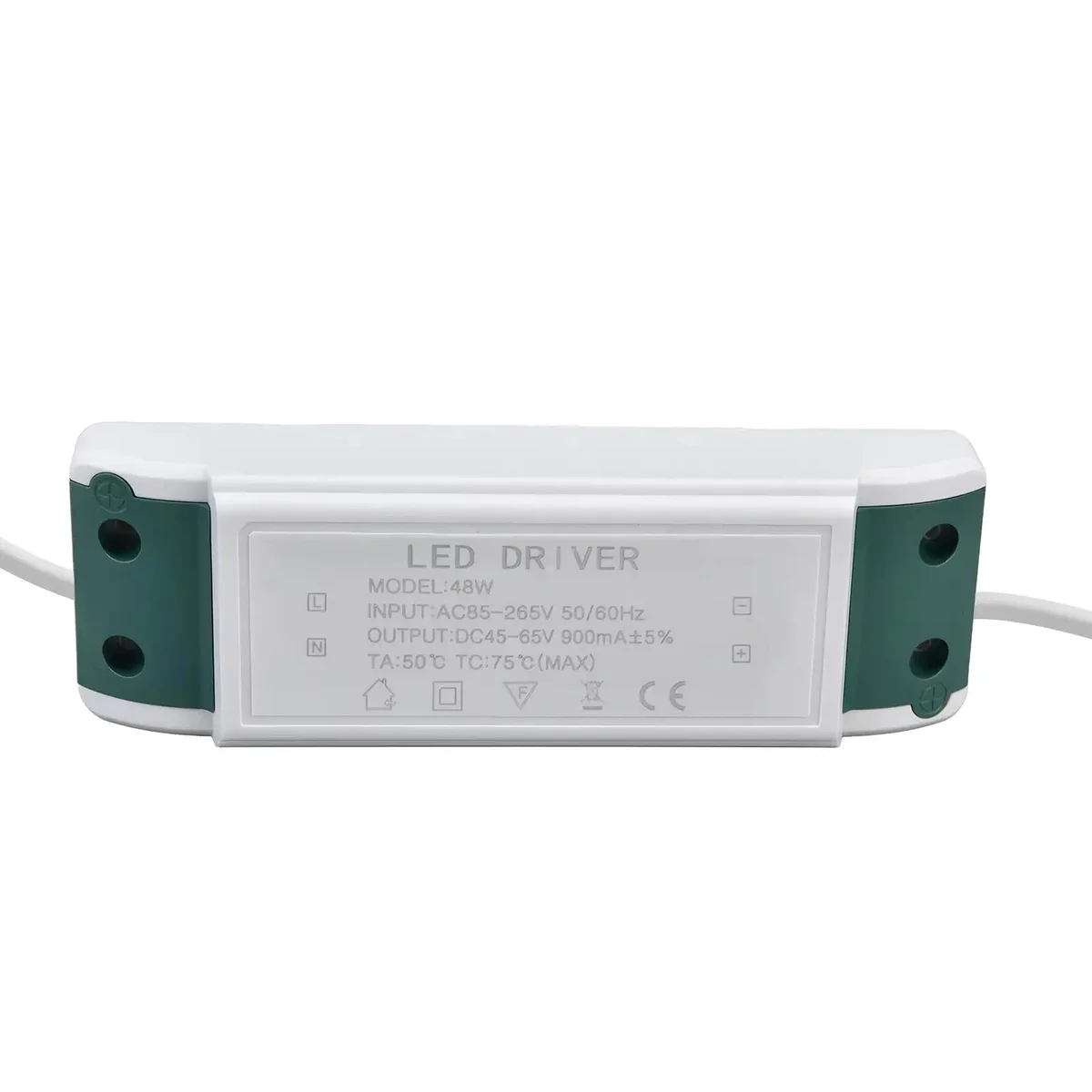 Compact 48W constant current LED driver with screw terminals, black plastic casing, and AC 85-265V input label visible