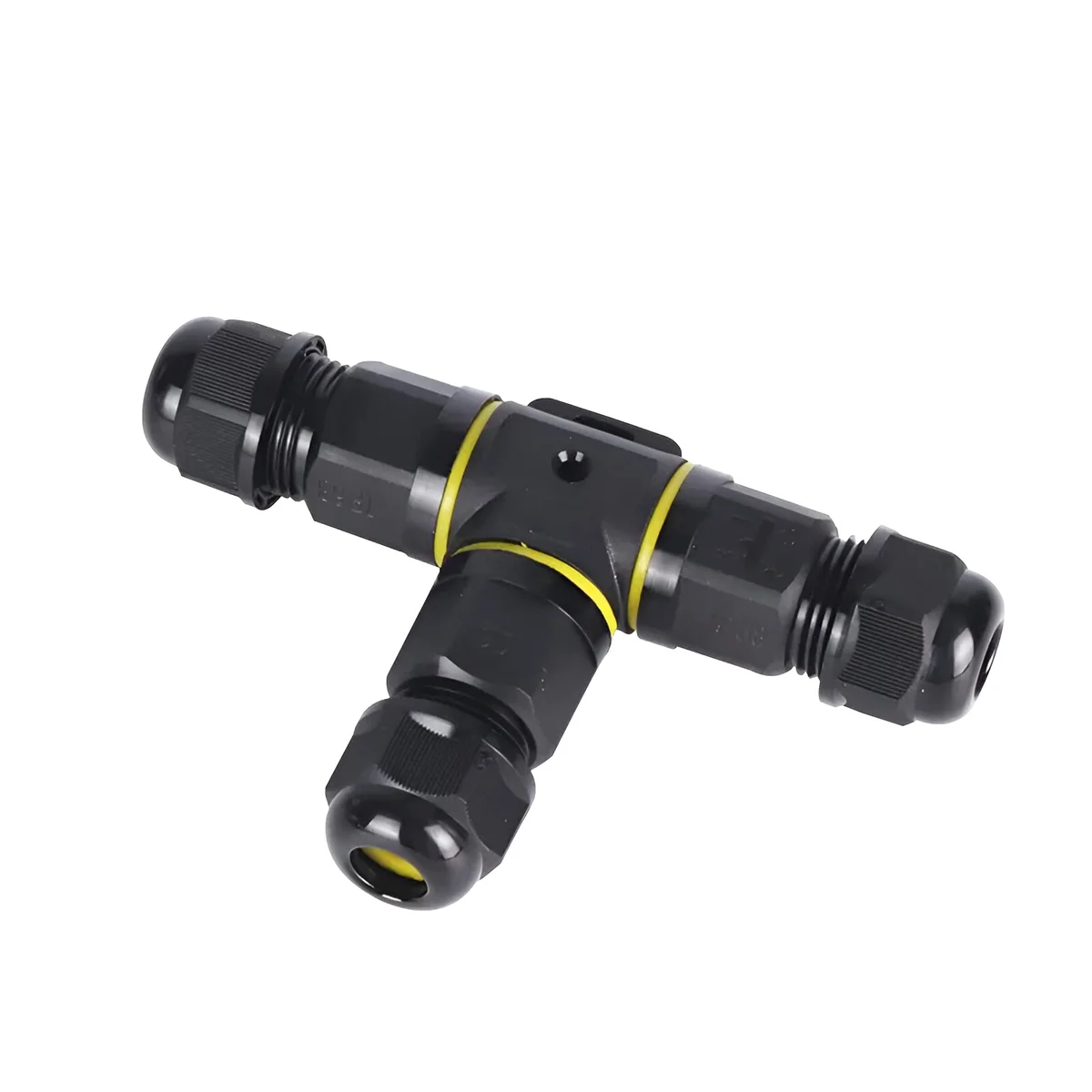 Yellow and red waterproof electrical junction box connectors with IP68 rating and silicone sealing ring on white background