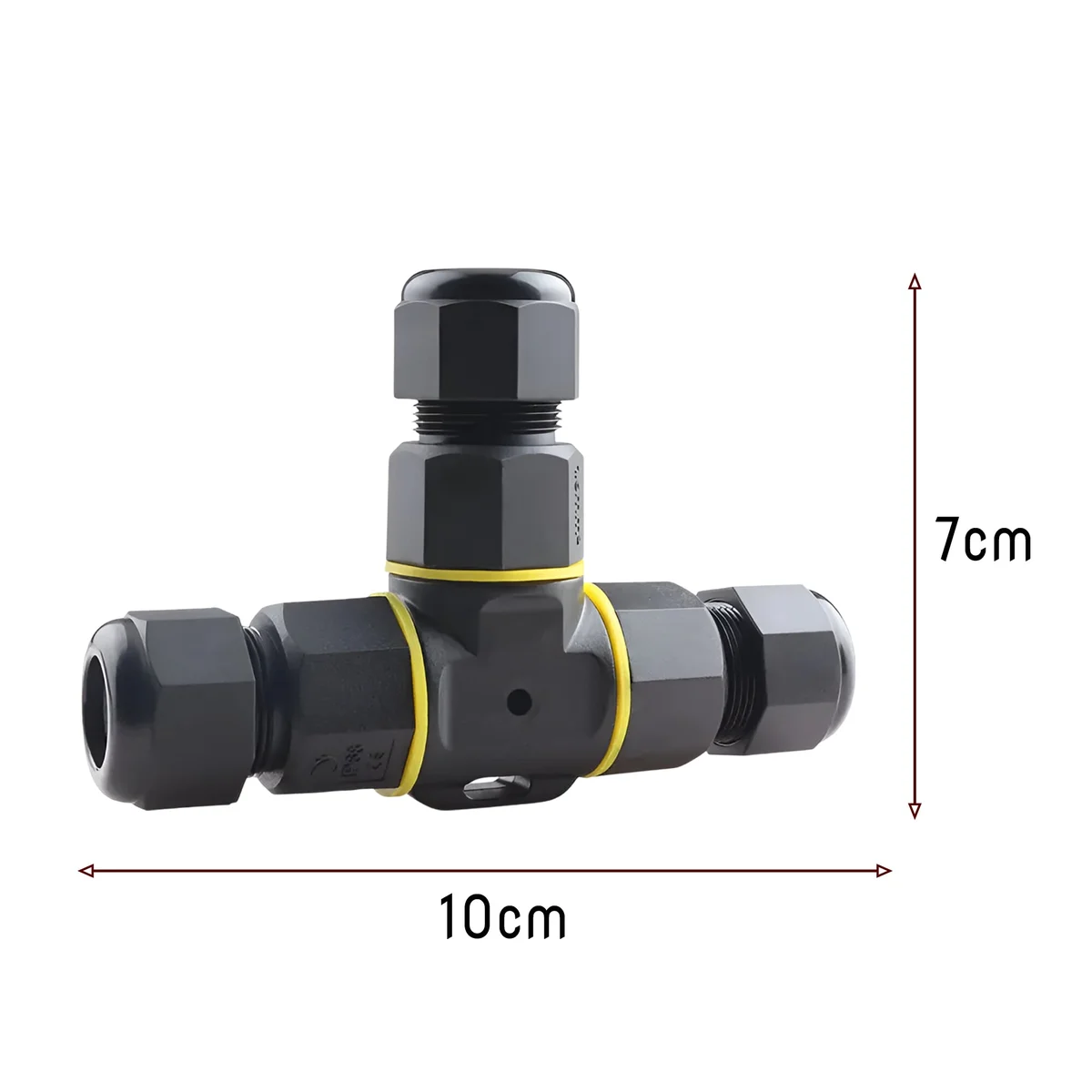 Yellow and red waterproof outdoor electrical connector junction box with 3-pin and 2-pin cable ports, IP68 rated