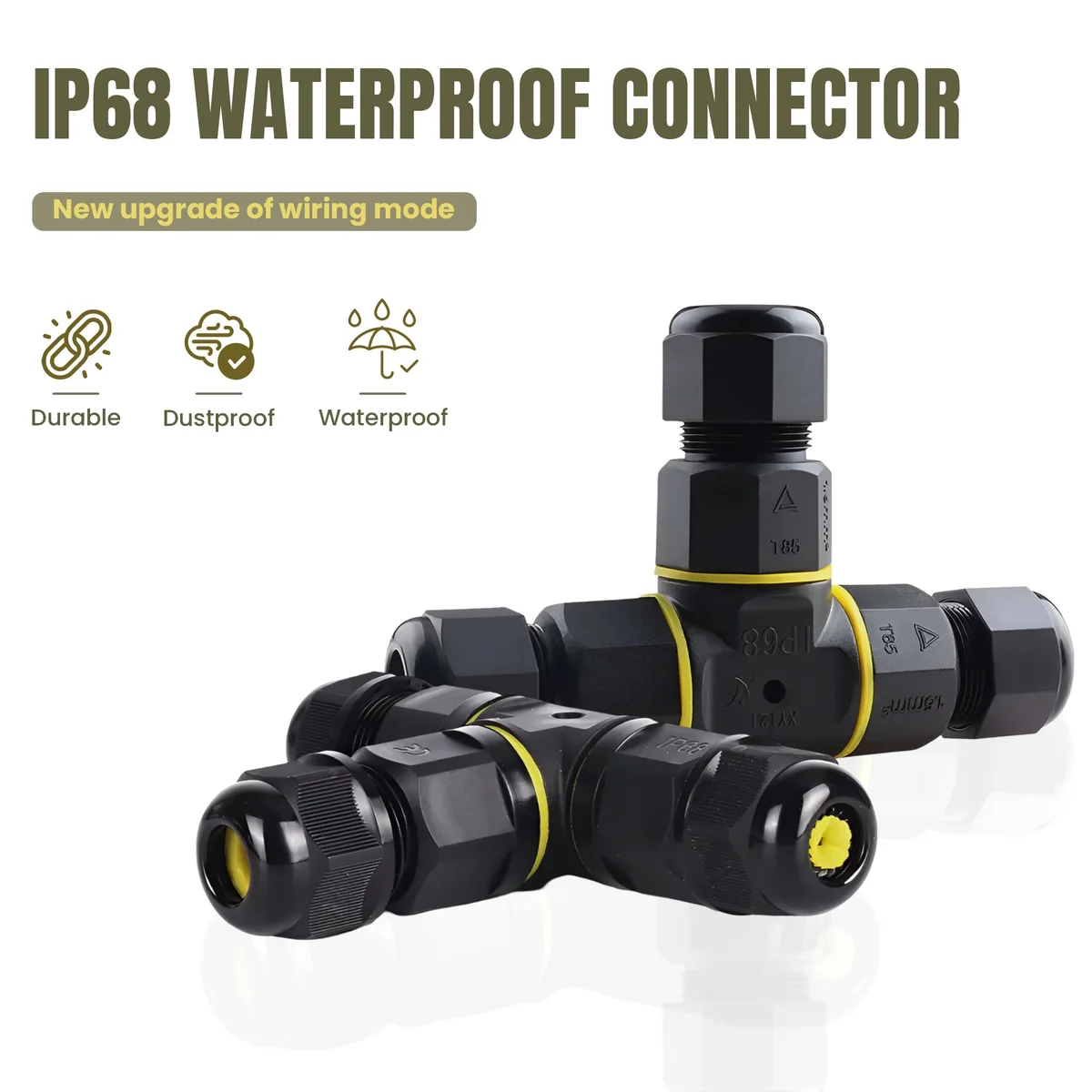 Yellow 3-pin and red 2-pin IP68 waterproof electrical wire connector junction boxes with silicone sealing rings