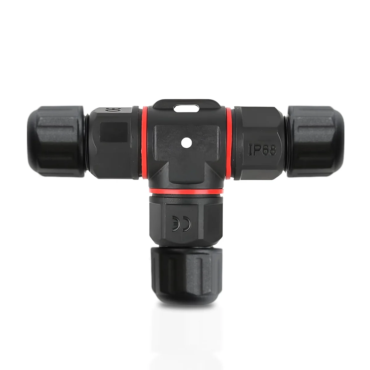 Yellow 3-pin waterproof electrical junction box cable connector with IP68 rating and silicone sealing ring, shown open.