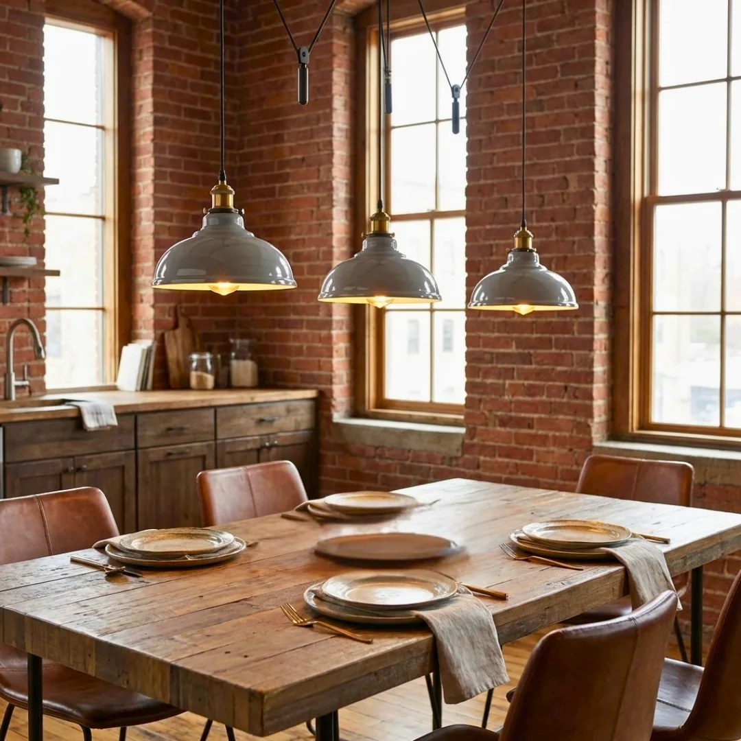 Vintage style adjustable pendant light with three metal dome shades and pulley system for height adjustment