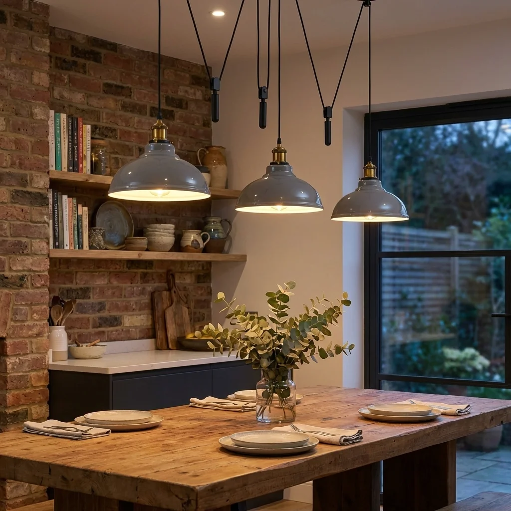 Vintage style 3 light pendant with adjustable metal dome shades and pulley cords hanging from ceiling mount