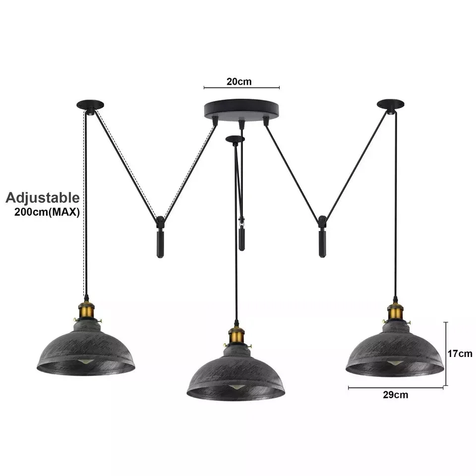 Three-light vintage ceiling light with adjustable pulley cords and metal dome shades in a soft textured finish