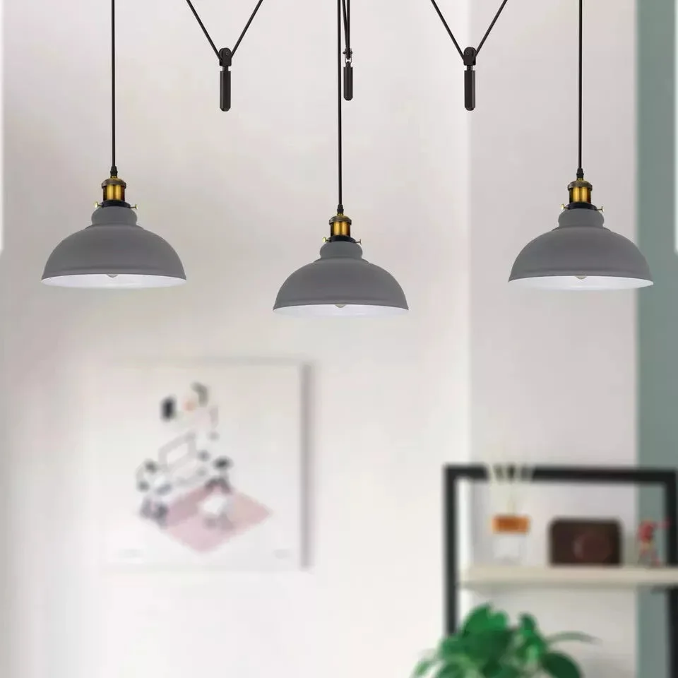 Three metal dome shades pendant light with adjustable cords and E27 bulb holders in vintage style ceiling fixture
