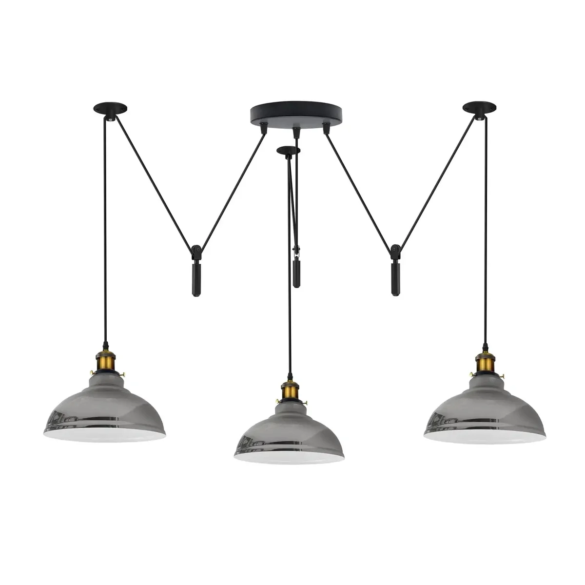Three adjustable metal dome pendant lights with E27 holders hanging from pulleys on a ceiling mount in vintage style