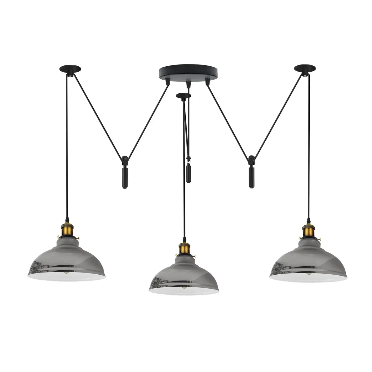 Vintage style corded ceiling light with three dome metal shades and adjustable pulley cords in black finish
