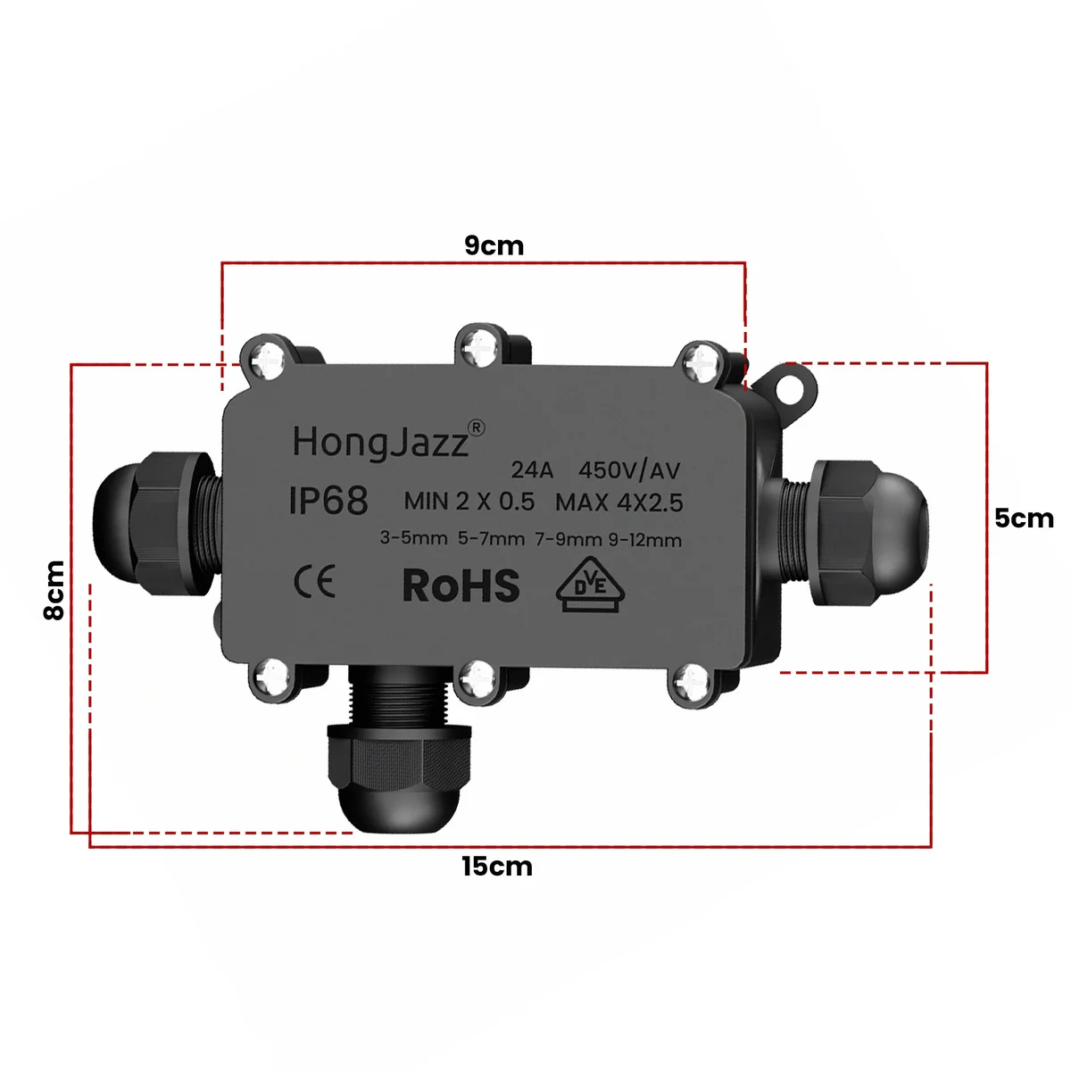 Outdoor cable connector with multiple waterproof heads, PVC lid, rubber ring, and sealing screws for underground use