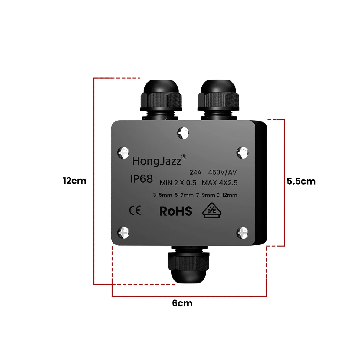 Waterproof cable protection junction box with multiple connectors, PVC lid, rubber ring, and sealing screws for outdoor use