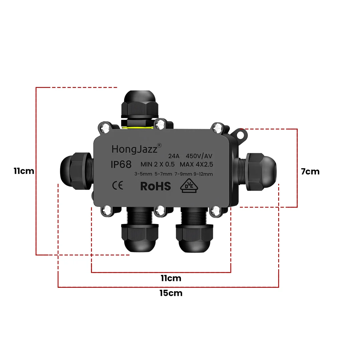 PVC junction box with waterproof connectors, sealing screws, and rubber ring for underground cable protection IP68 rated