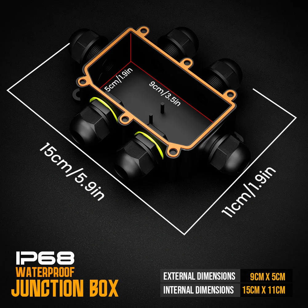 Waterproof junction box with multiple cable connectors, PVC lid, rubber sealing ring, and sealing screws for outdoor use