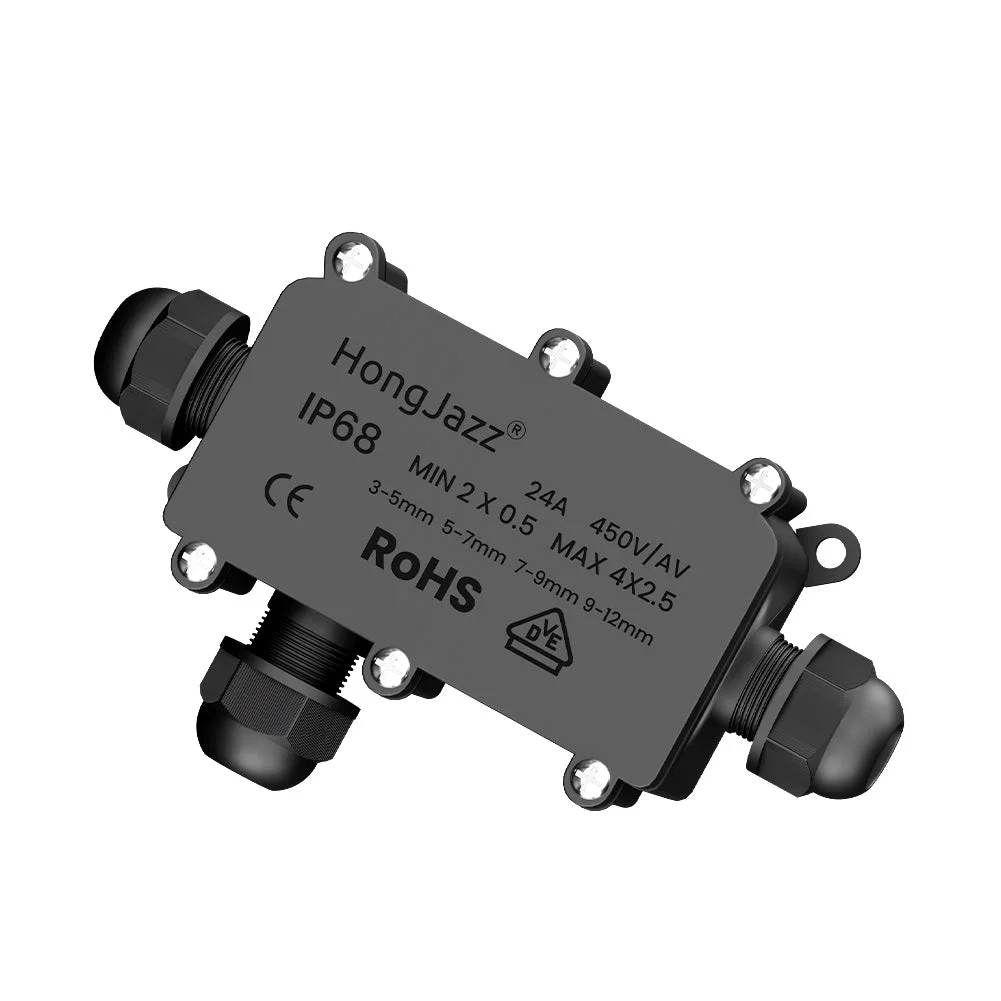 Waterproof junction box with multiple cable connectors, PVC lid, rubber sealing ring, and screw caps for outdoor use