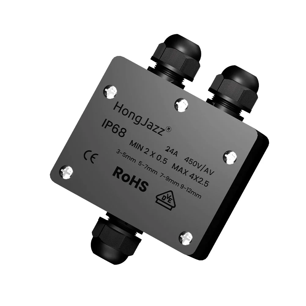 Waterproof junction box with multiple cable connectors, PVC lid, rubber seal, and sealing screws for outdoor use IP68 rated
