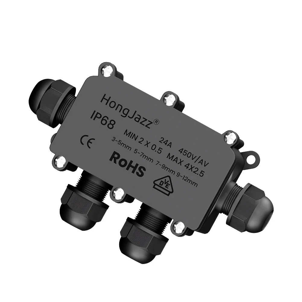 Waterproof junction box with multiple cable connectors, PVC lid, rubber sealing ring, and screw caps for outdoor use