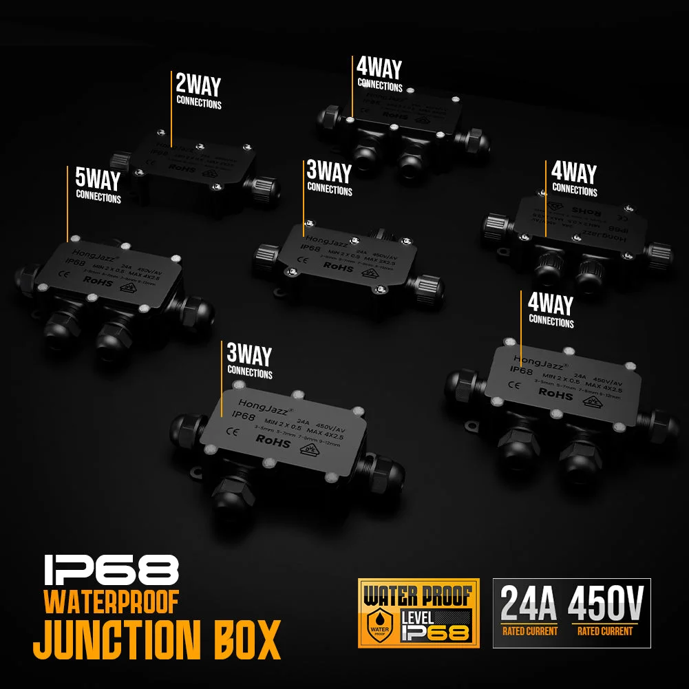 Black IP68 junction box with PVC lid, rubber seal, multiple cable connectors, and sealing screws for outdoor use