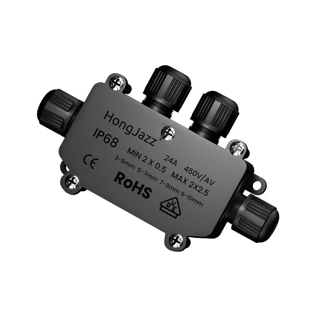 IP68 waterproof cable connector junction box with PVC lid, rubber seal, and multiple wire entry points for outdoor use