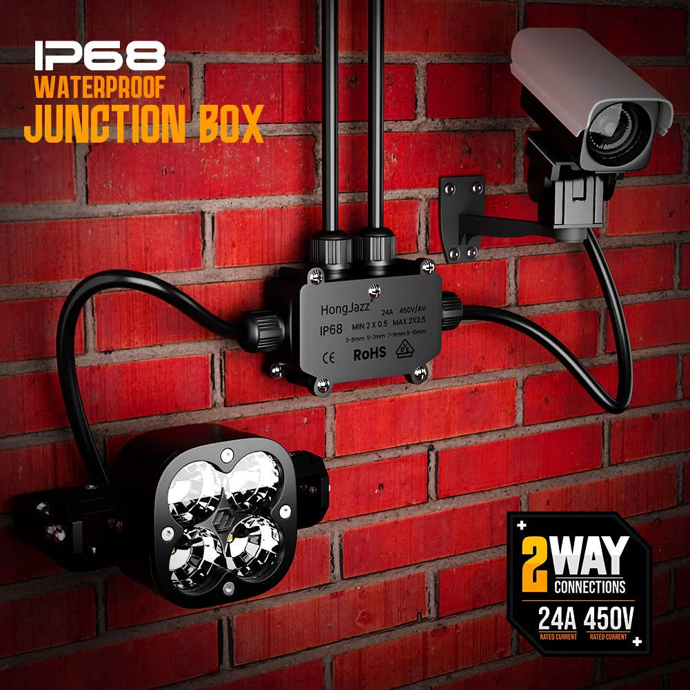 IP68 rated outdoor wire connector junction box with PVC lid, rubber seal, and multiple waterproof cable ports for secure wiring