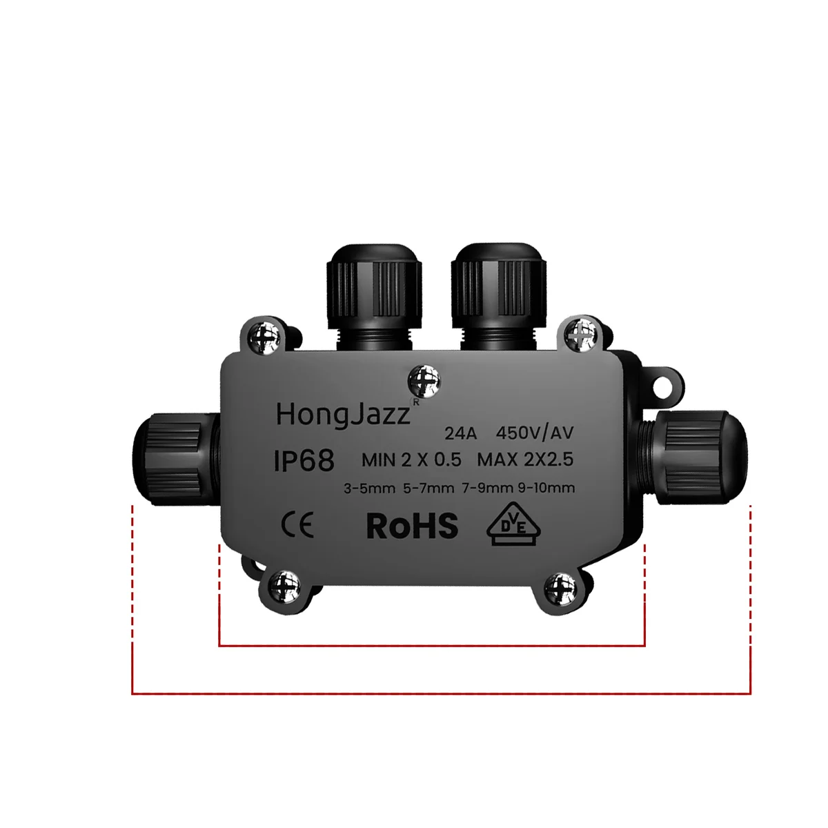 IP68 rated electrical cable junction box with PVC lid, rubber seal, multiple waterproof wire connectors, and sealing screws