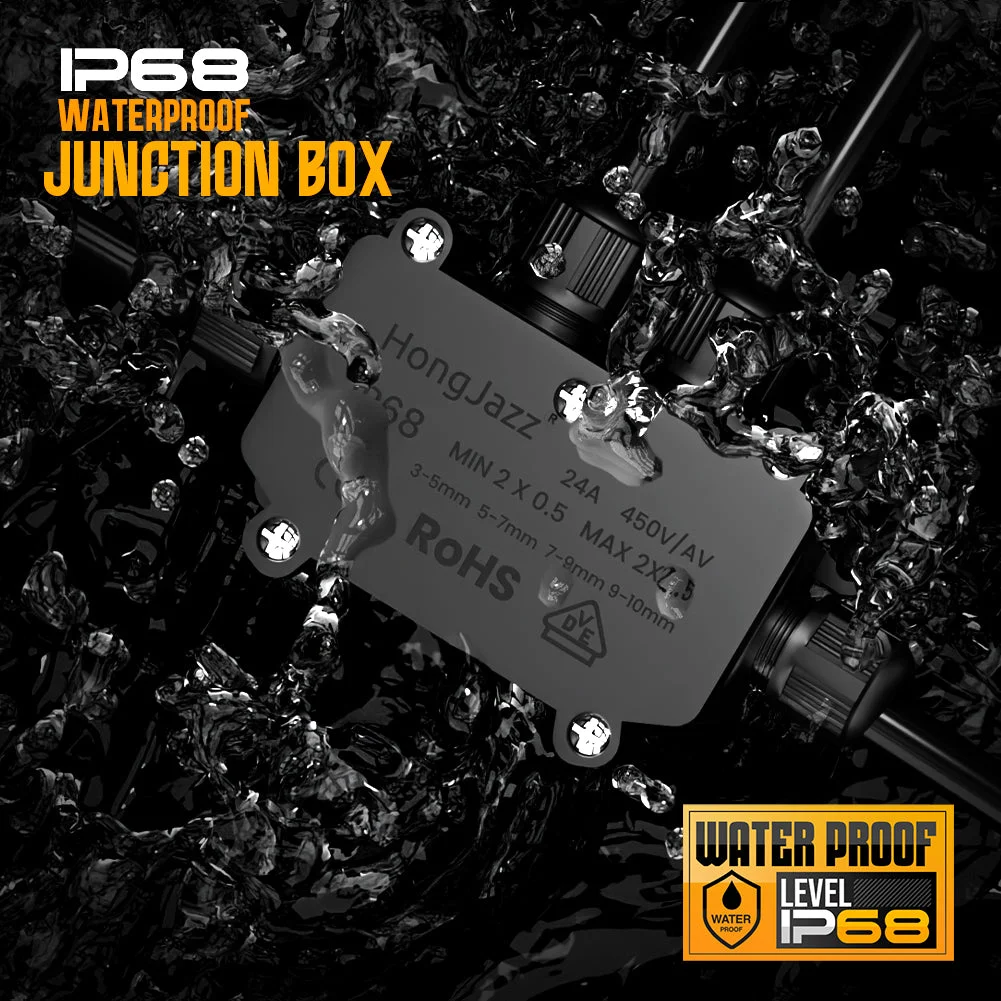 IP68 junction box showing waterproof connectors, sealing screws, and durable PVC lid for outdoor cable protection