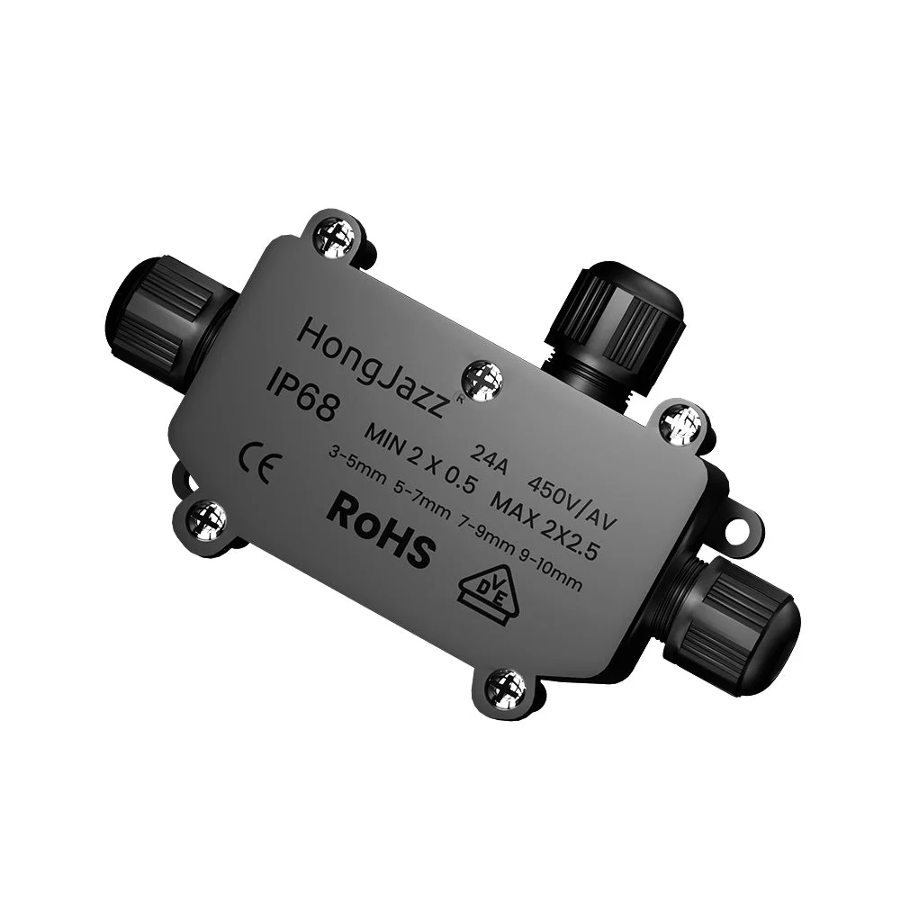 IP68 junction box with PVC lid, rubber seal, multiple waterproof cable connectors, and sealing screws for outdoor use