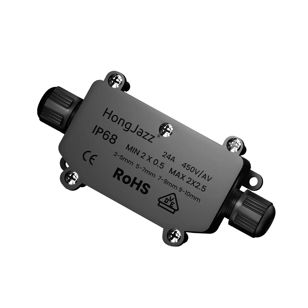 IP68 junction box with PVC lid, rubber seal, multiple waterproof cable connectors and sealing screws for outdoor use
