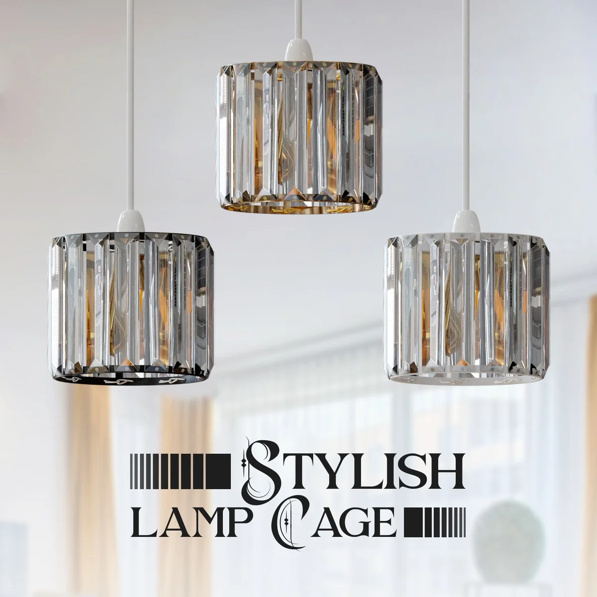 Crystal glass lamp shade in drum design with chrome trim, reflected light and luxurious shadows, fits E27 sockets.