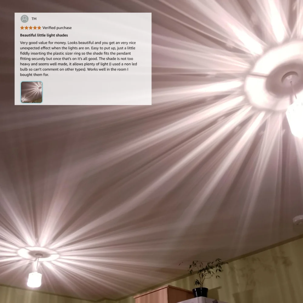 Modern crystal drum lampshade indoor, chrome accents, light reflection, hanging above living room.