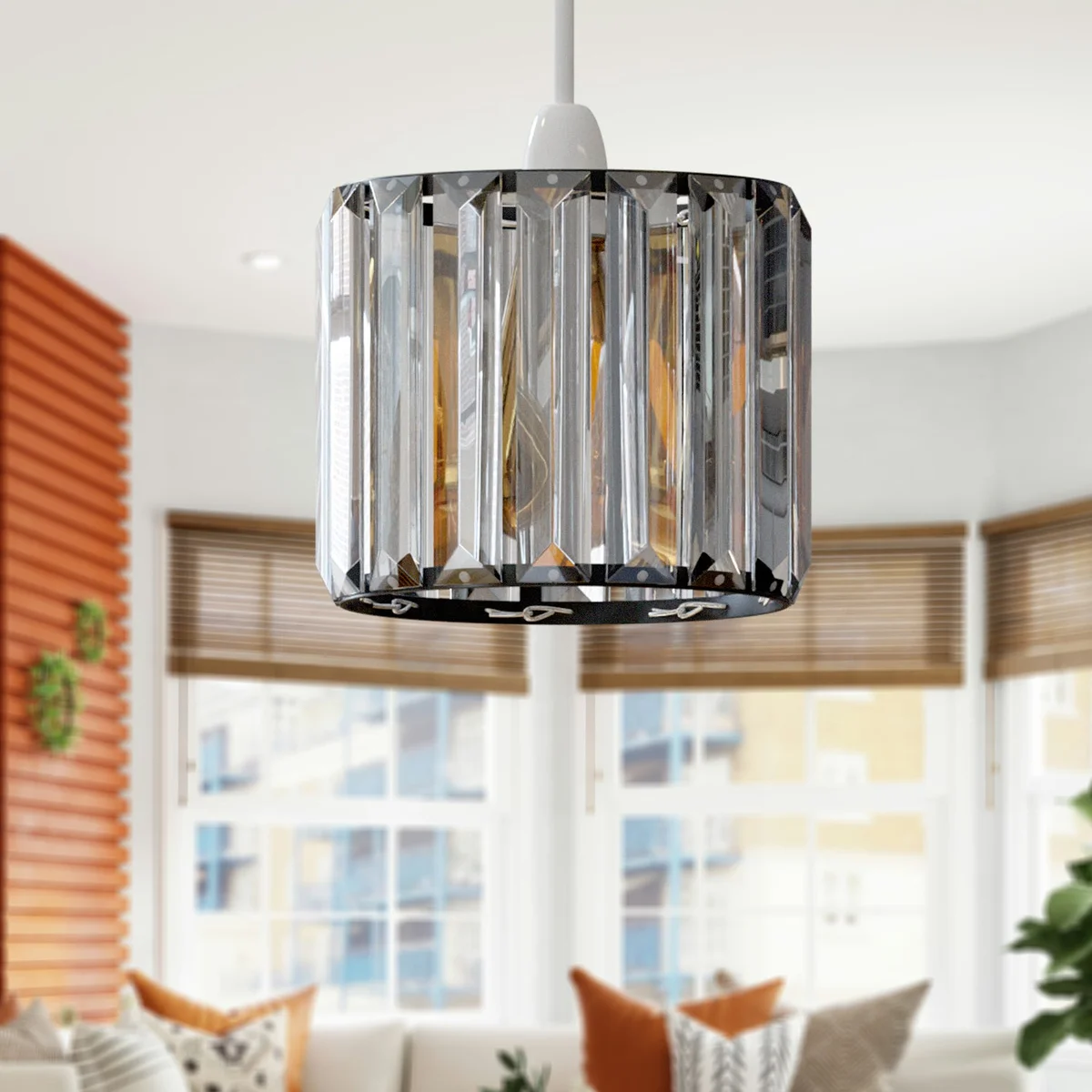 Crystal glass drum lamp shade with chrome accents, fits an E27 socket, featured on pendant light